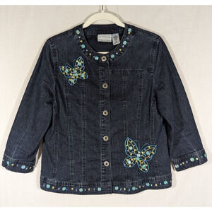 Alfred Dunner Dark Denim Beaded Butterfly Jacket Petite 6P